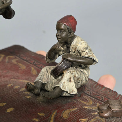 Franz Bergman (Austrian, 1861-1936) An Orientalist cold painted bronze group depicting three musicians on a rug Stamped 'Namgreb and B' and numbered '7813'