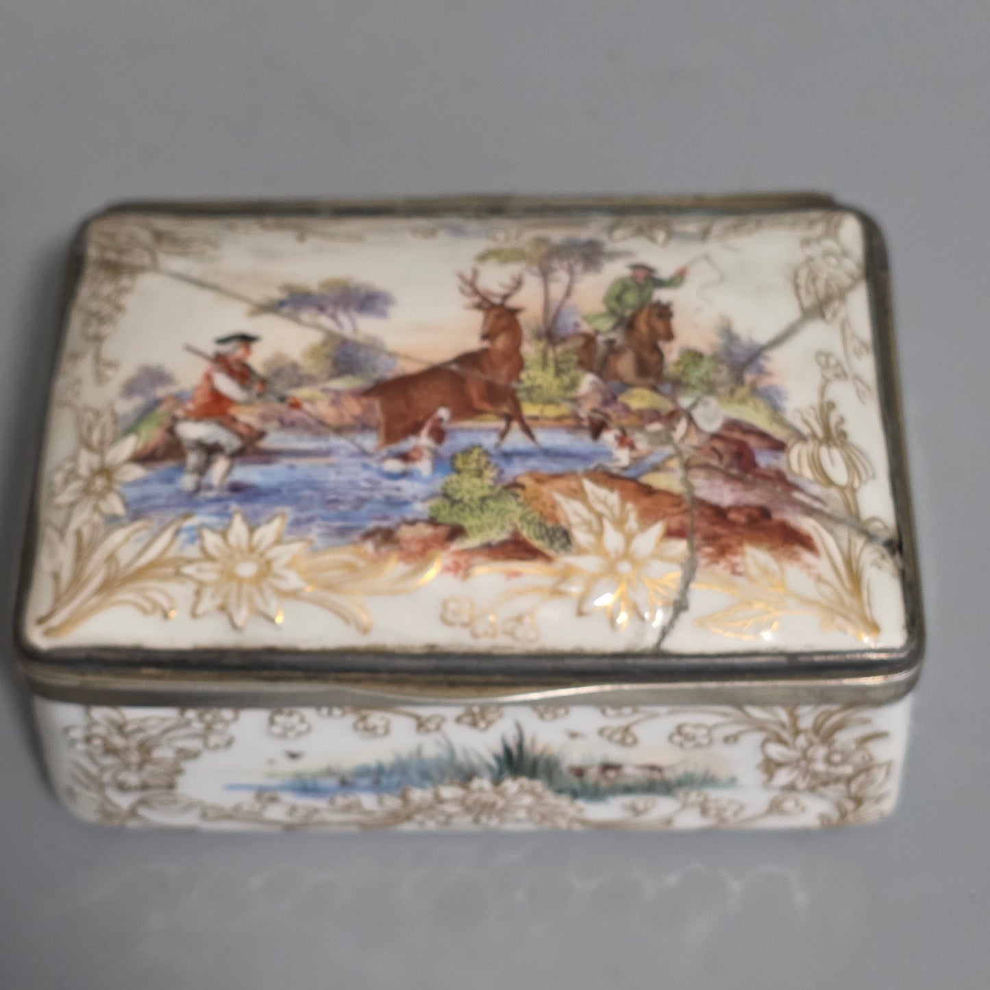 Large Kpm 19thc Silver Mounted Painted Table Snuffbox C1880