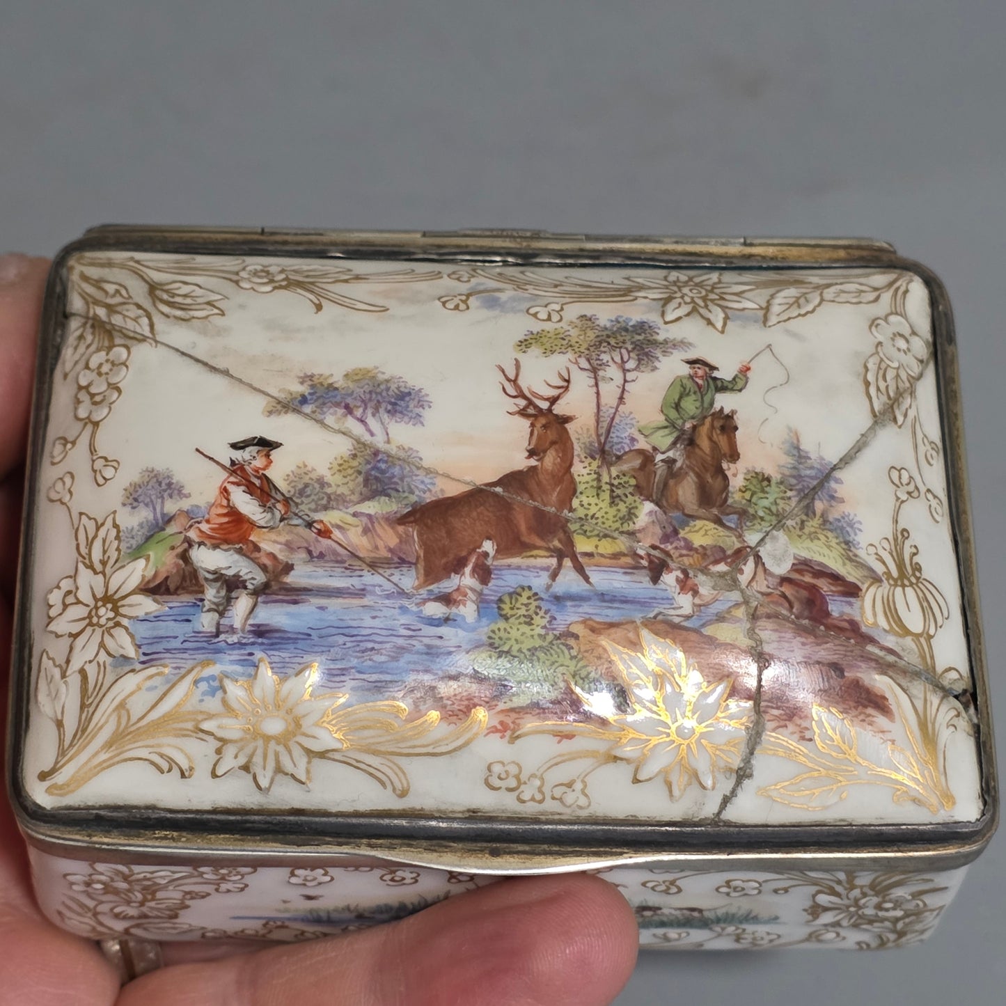 Large Kpm 19thc Silver Mounted Painted Table Snuffbox C1880