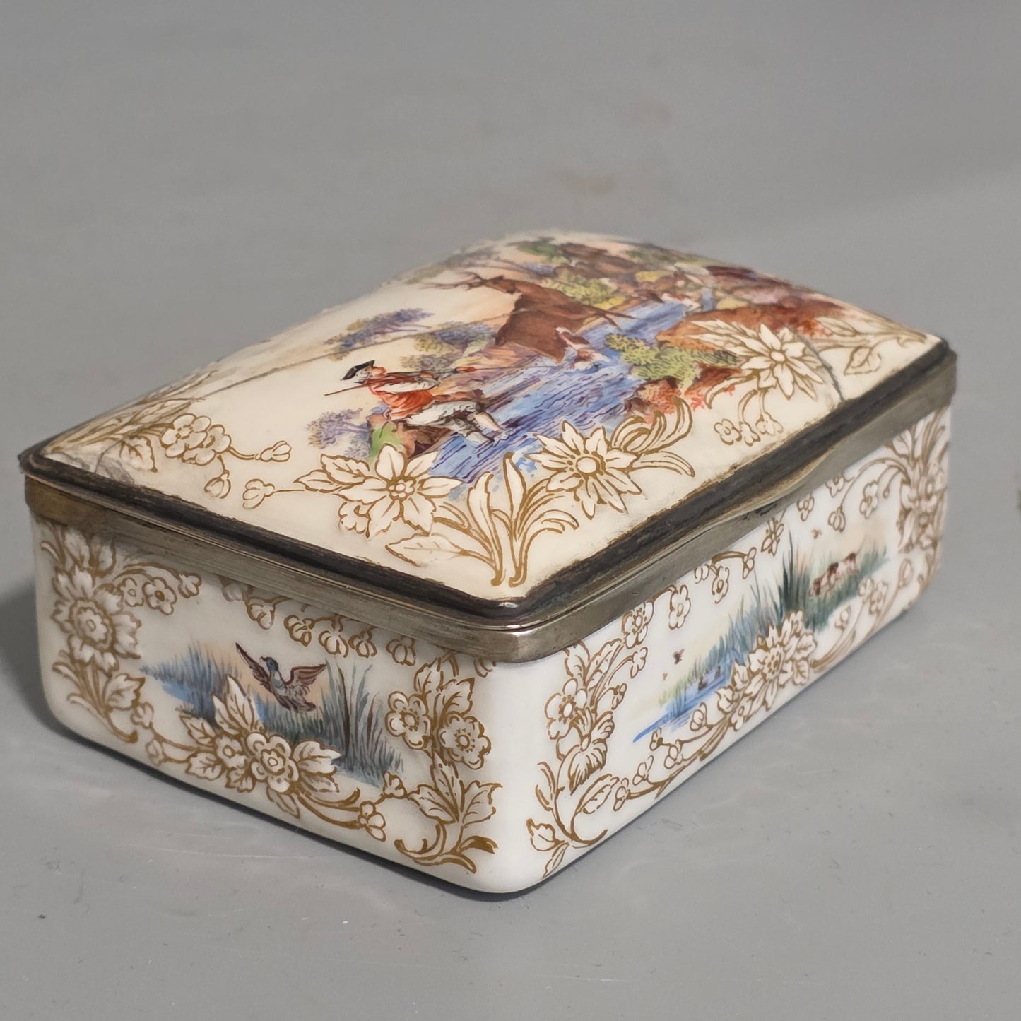 Large Kpm 19thc Silver Mounted Painted Table Snuffbox C1880