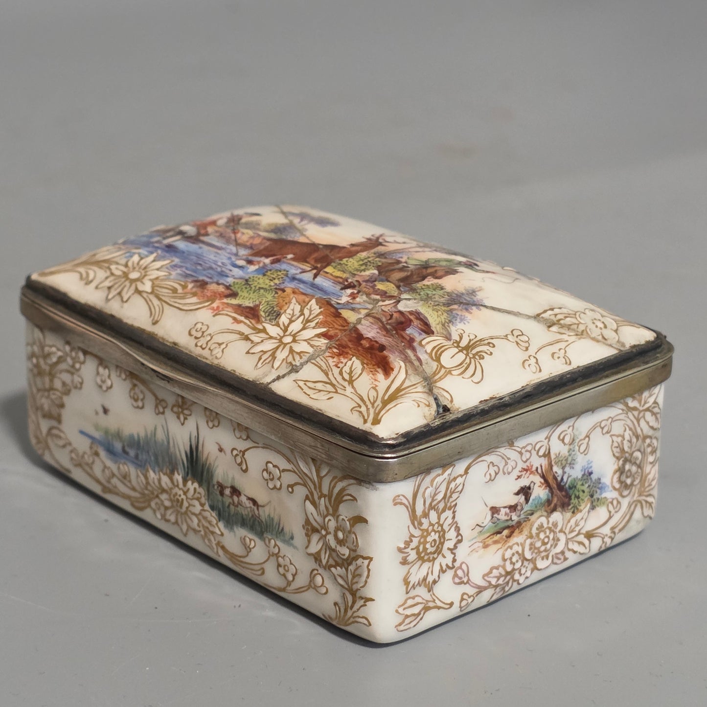Large Kpm 19thc Silver Mounted Painted Table Snuffbox C1880