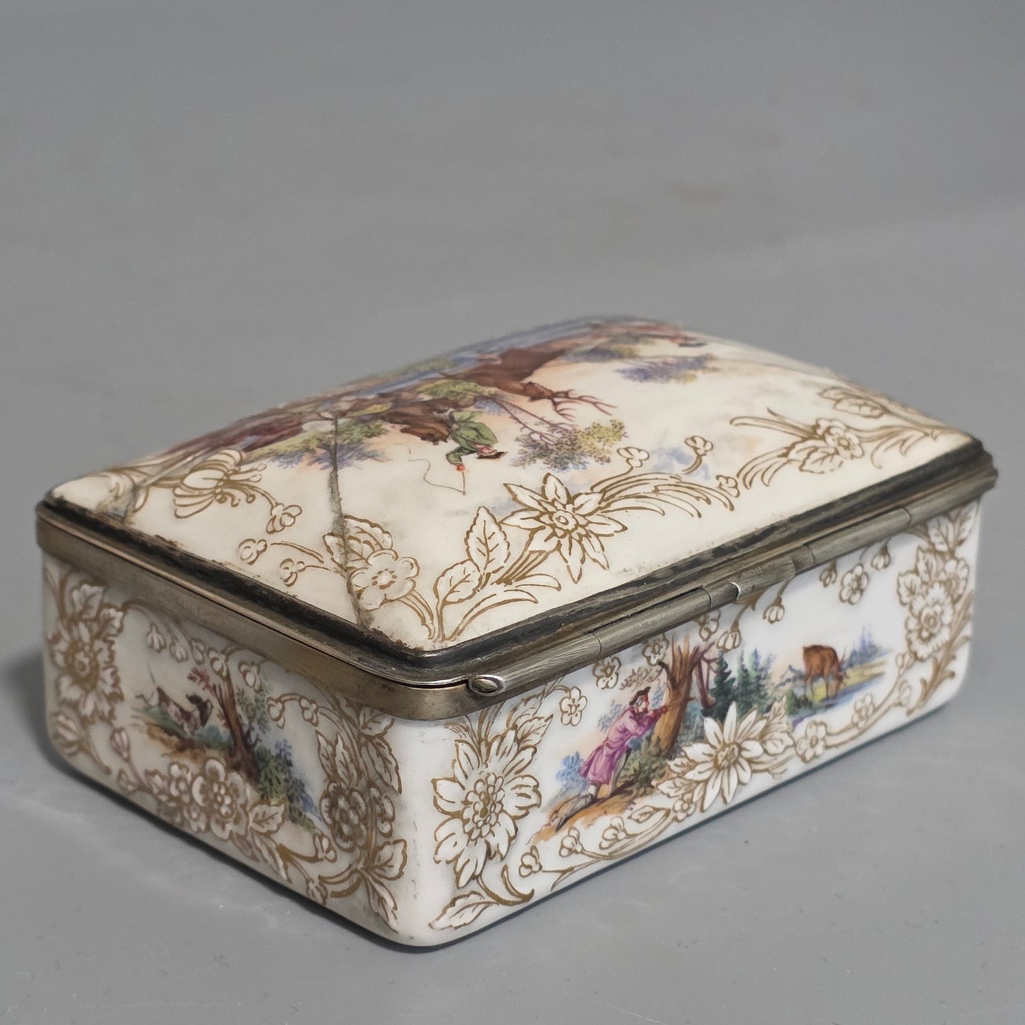 Large Kpm 19thc Silver Mounted Painted Table Snuffbox C1880