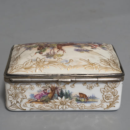 Large Kpm 19thc Silver Mounted Painted Table Snuffbox C1880