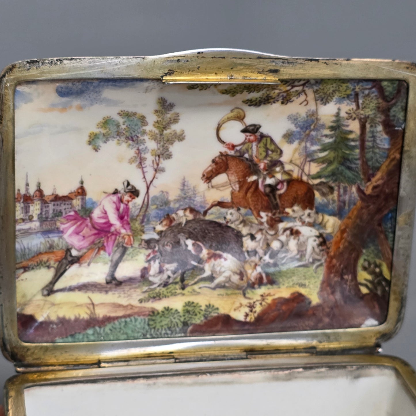 Large Kpm 19thc Silver Mounted Painted Table Snuffbox C1880