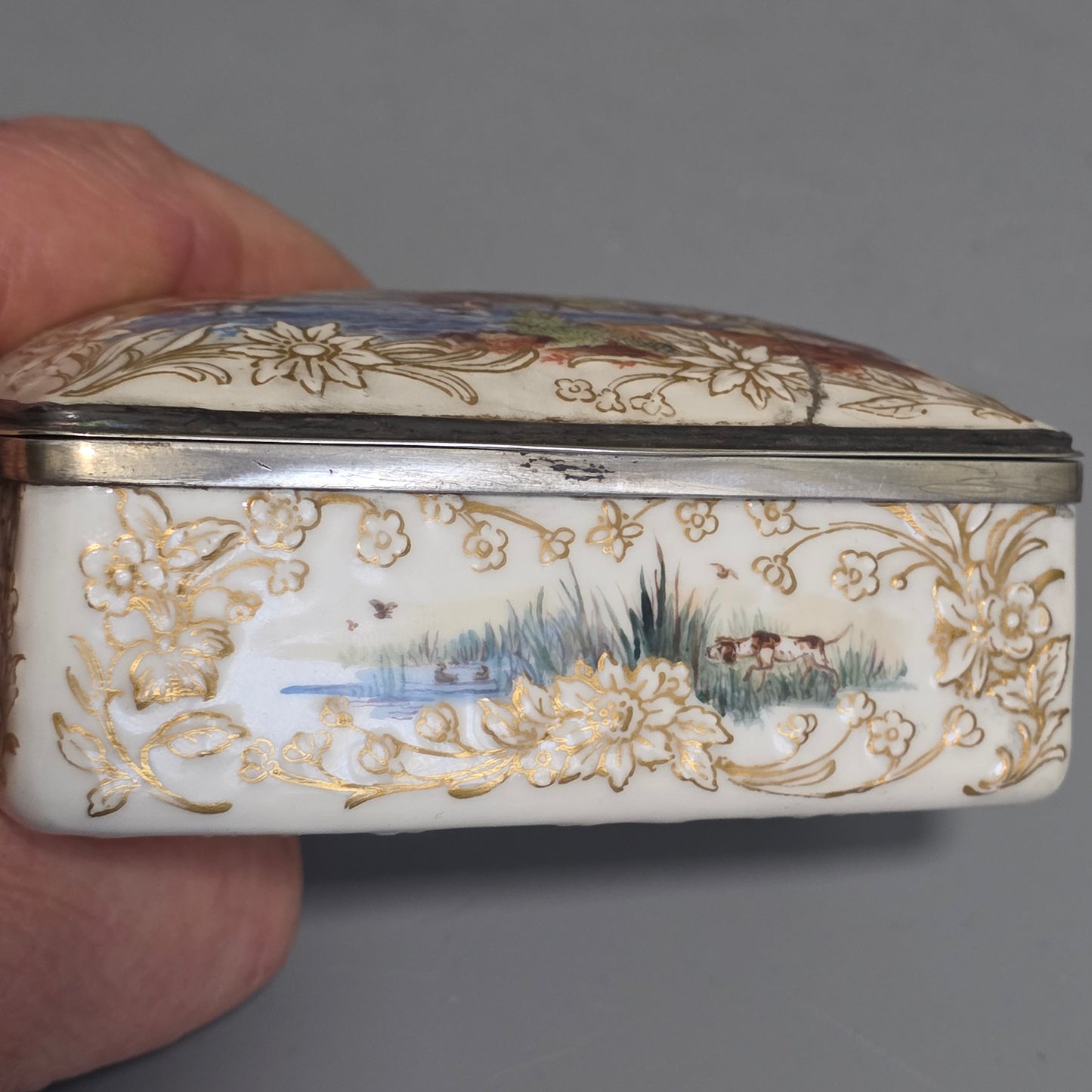 Large Kpm 19thc Silver Mounted Painted Table Snuffbox C1880