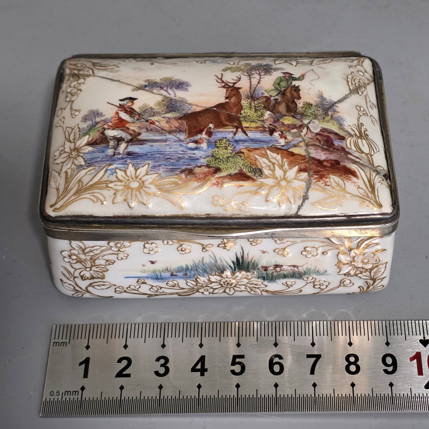 Large Kpm 19thc Silver Mounted Painted Table Snuffbox C1880