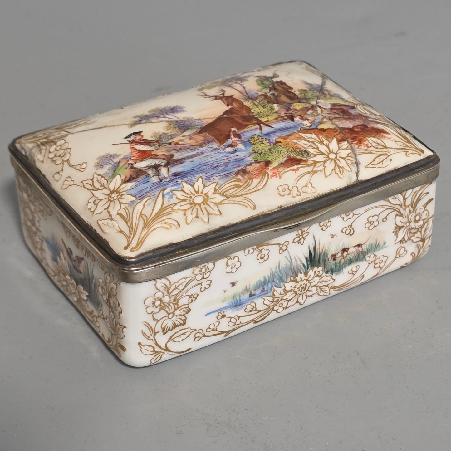 Large Kpm 19thc Silver Mounted Painted Table Snuffbox C1880