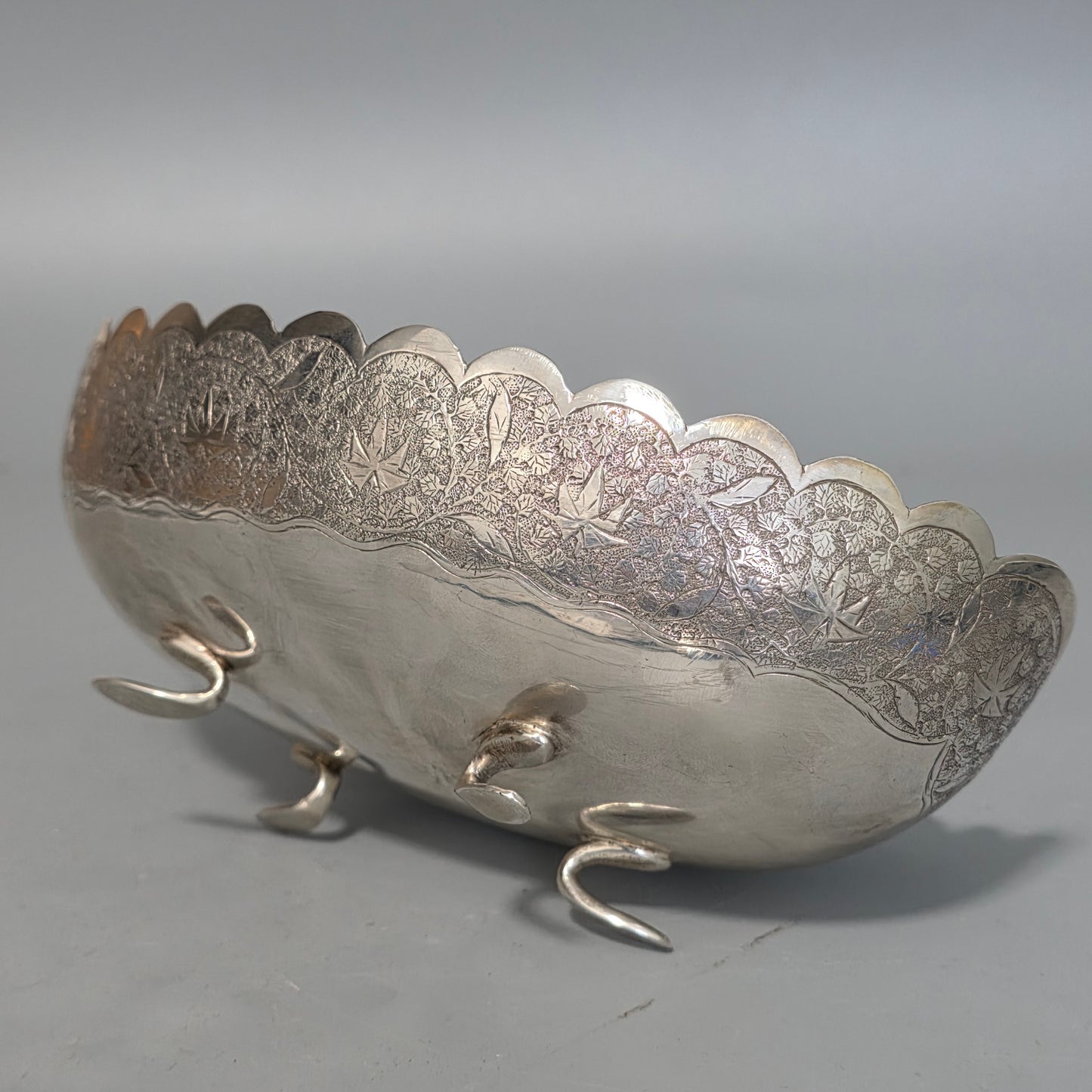 Delightful Quality Antique Persian Silver Engraved Oval Shaped Bowl