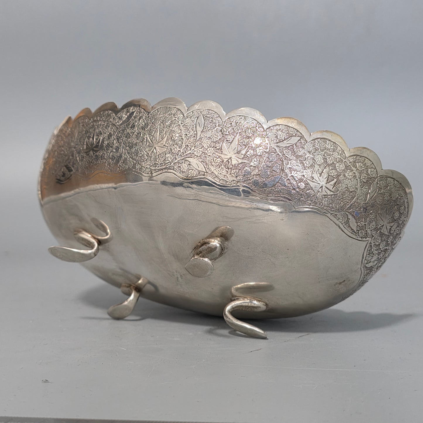 Delightful Quality Antique Persian Silver Engraved Oval Shaped Bowl
