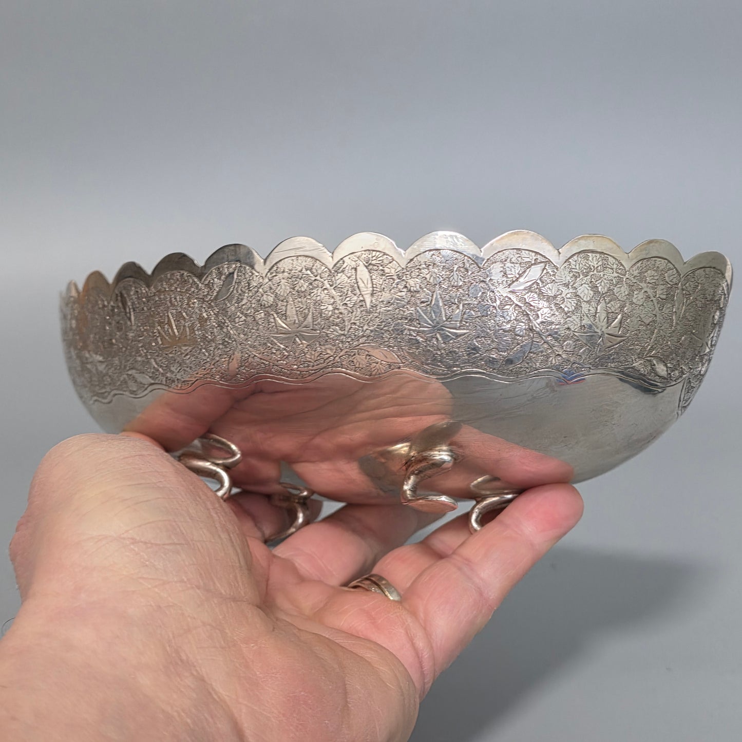 Delightful Quality Antique Persian Silver Engraved Oval Shaped Bowl