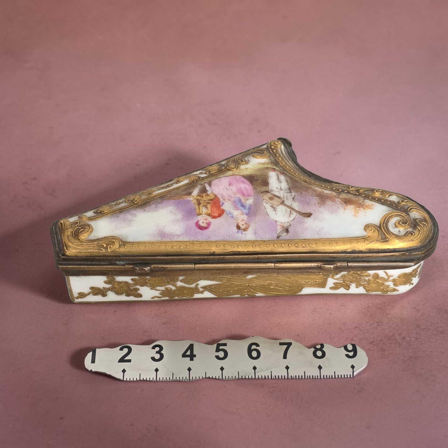 Rare 19th Century French Porcelain Snuff Box – Harp Form – Hand Painted
