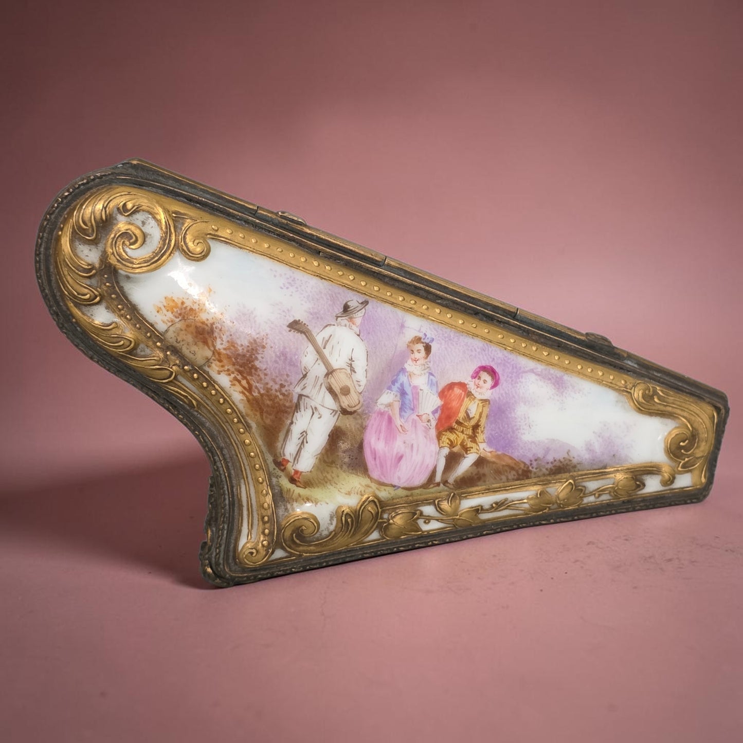 Rare 19th Century French Porcelain Snuff Box – Harp Form – Hand Painted