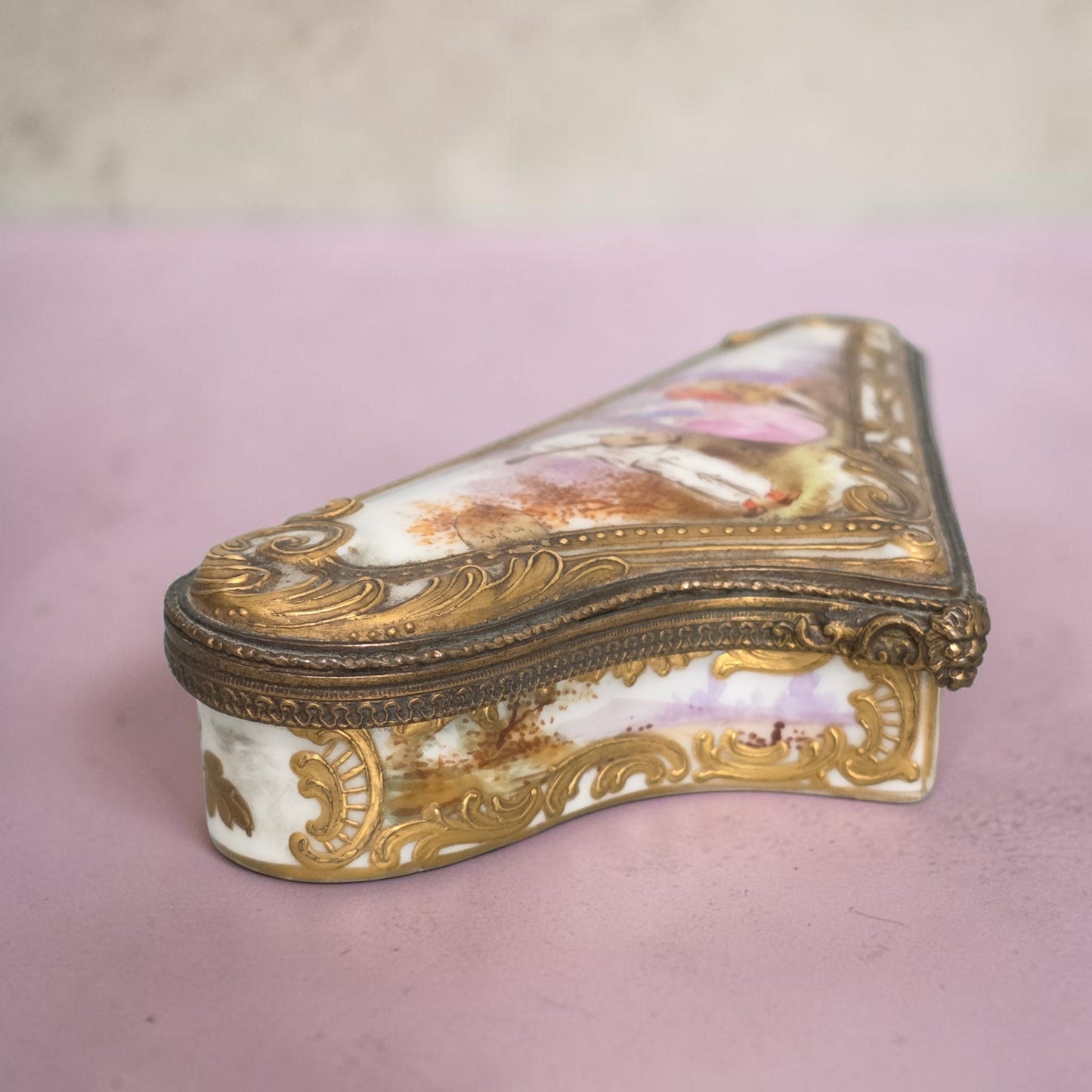 Rare 19th Century French Porcelain Snuff Box – Harp Form – Hand Painted