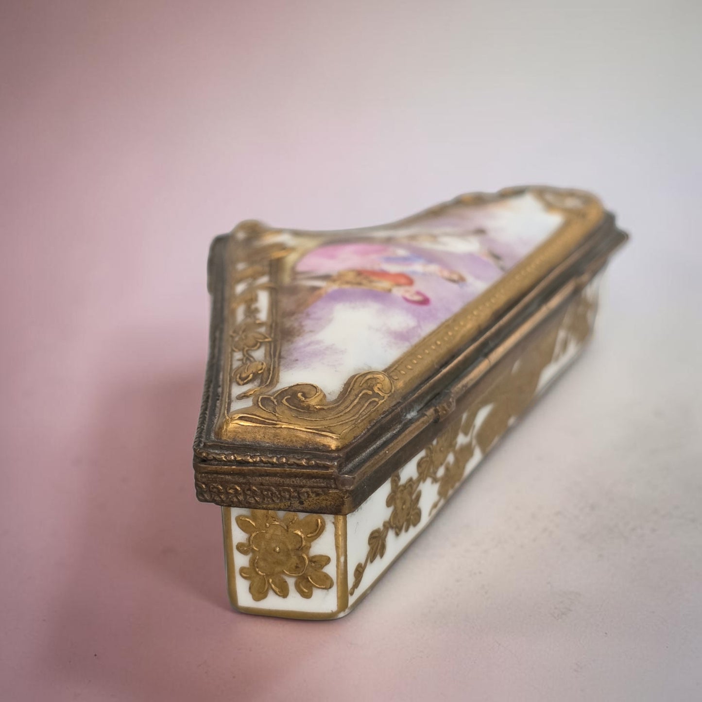 Rare 19th Century French Porcelain Snuff Box – Harp Form – Hand Painted