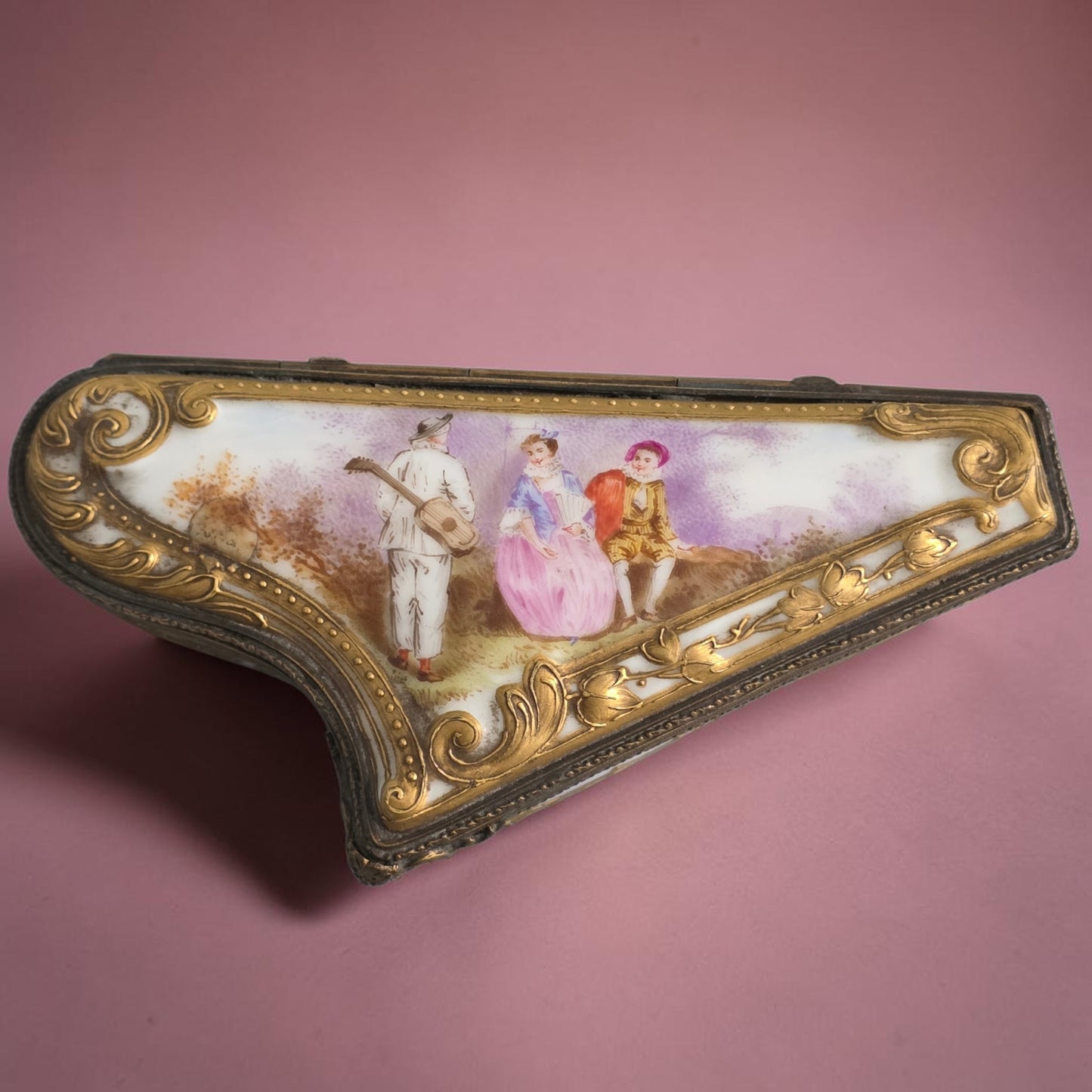 Rare 19th Century French Porcelain Snuff Box – Harp Form – Hand Painted