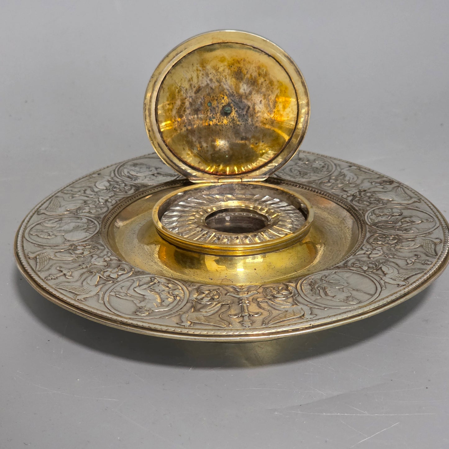 Elkington, Victorian, Neo Classical Silver Plate on Brass Circular Inkstand. Elkington & Co.c1875