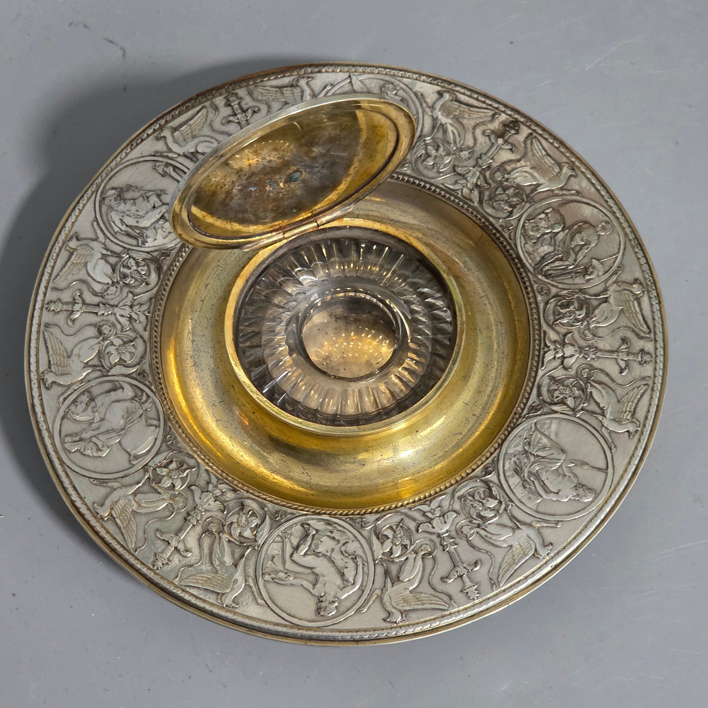 Elkington, Victorian, Neo Classical Silver Plate on Brass Circular Inkstand. Elkington & Co.c1875