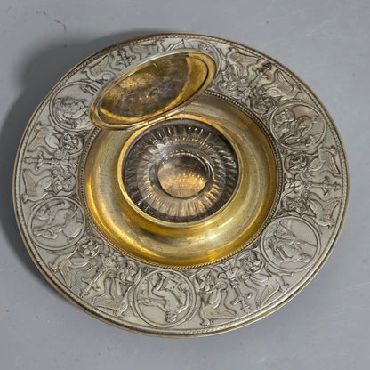 Elkington, Victorian, Neo Classical Silver Plate on Brass Circular Inkstand. Elkington & Co.c1875