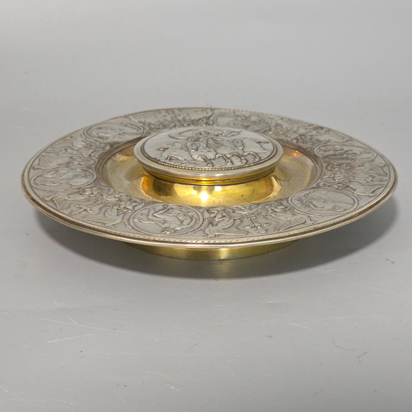 Elkington, Victorian, Neo Classical Silver Plate on Brass Circular Inkstand. Elkington & Co.c1875