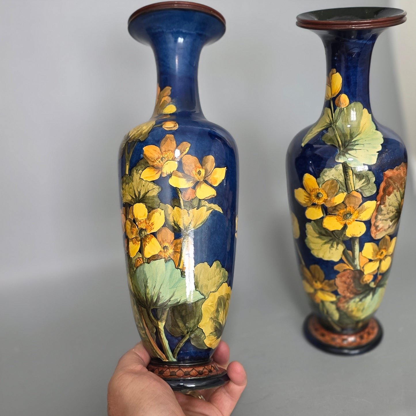 A Pair Of Doulton Lambeth Faience Vases, Late 19th Century, Decorated By Alberta L. Green