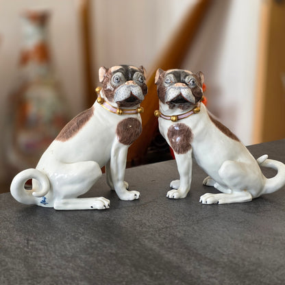 Charming Rare Pair Of Dresden Saxon Porcelain Pug Dog Figurines – Male & Female | Early 20th Century