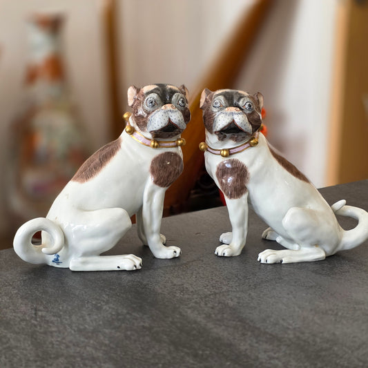 Charming Rare Pair Of Dresden Saxon Porcelain Pug Dog Figurines – Male & Female | Early 20th Century