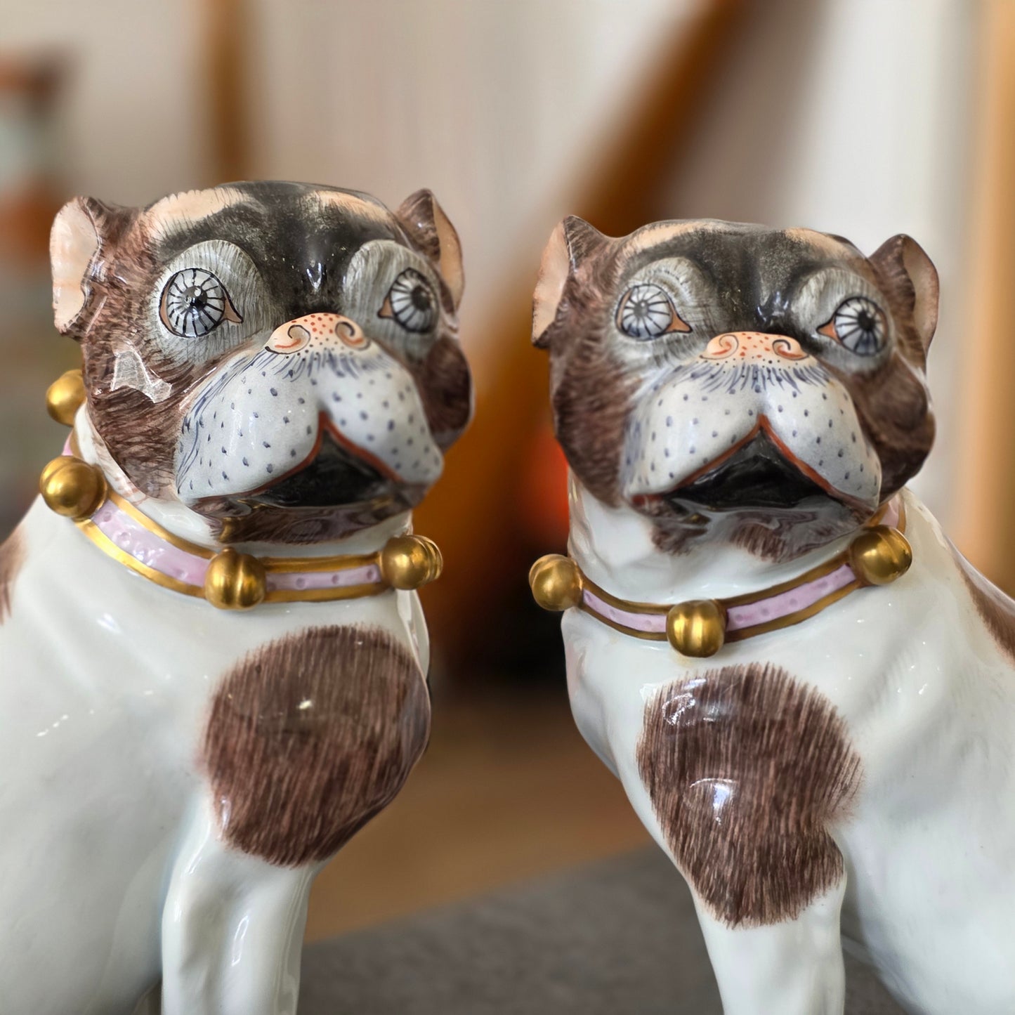 Charming Rare Pair Of Dresden Saxon Porcelain Pug Dog Figurines – Male & Female | Early 20th Century