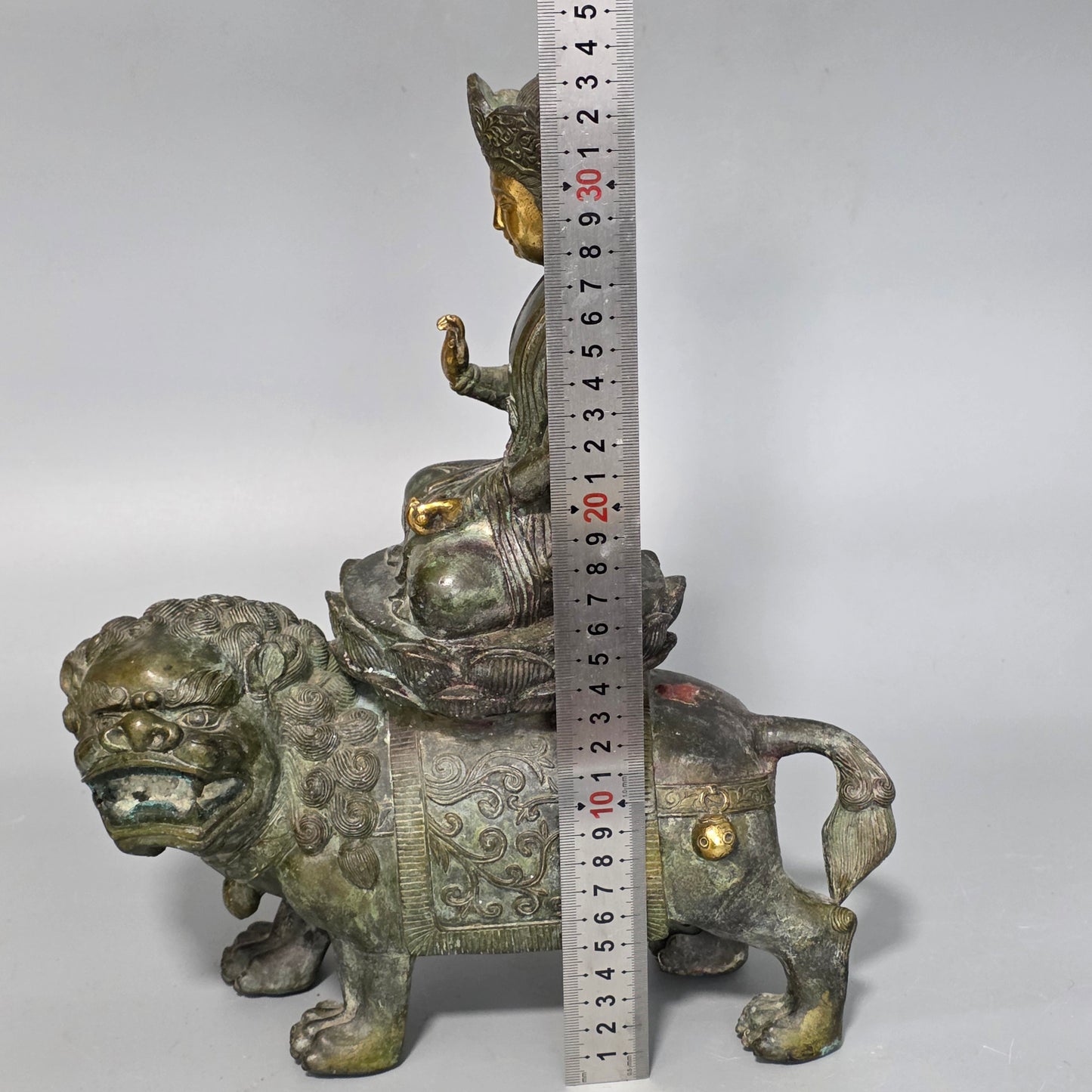 19thc Large Chinese Bronze Guanyin On A Dog Of Fo 33cm High