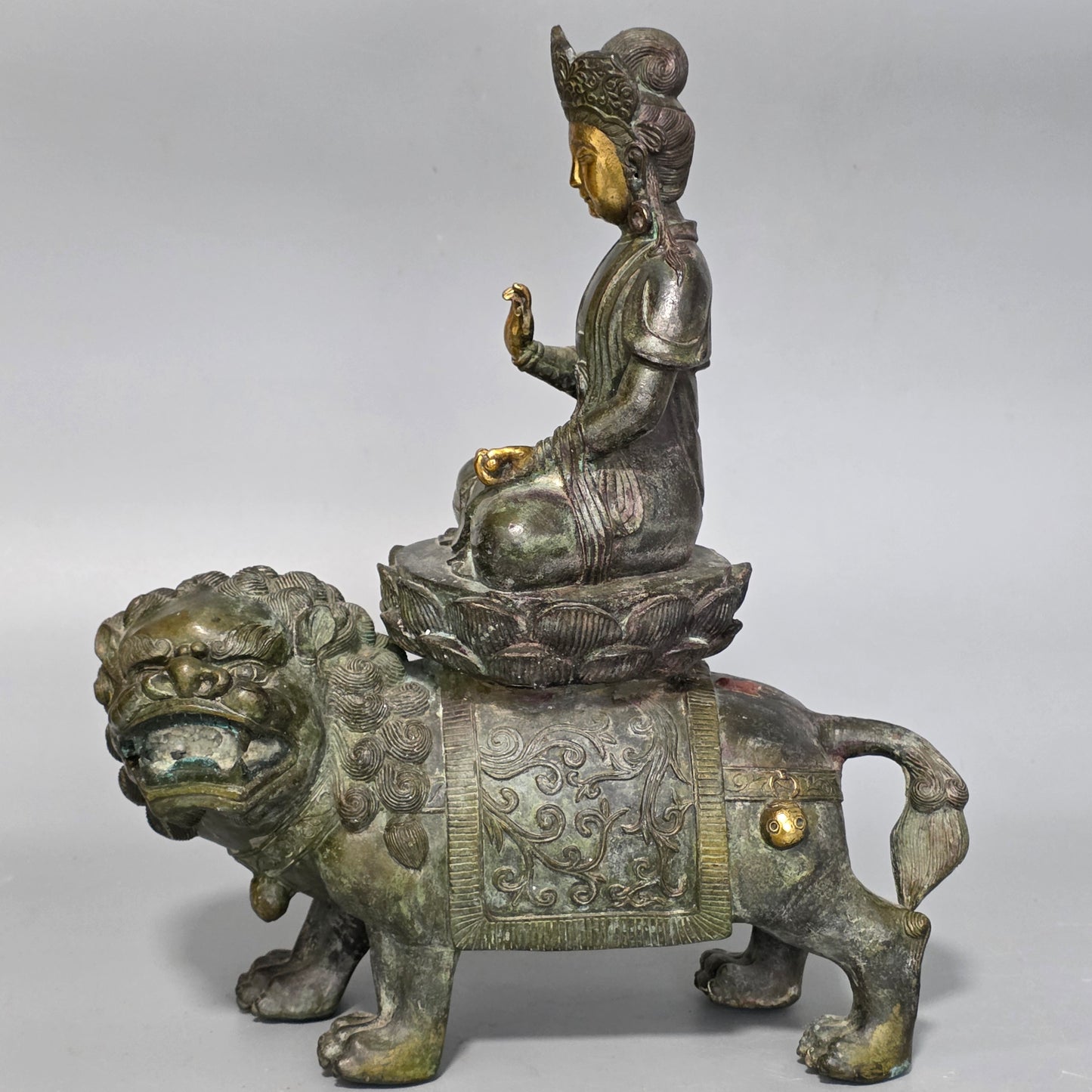 19thc Large Chinese Bronze Guanyin On A Dog Of Fo 33cm High