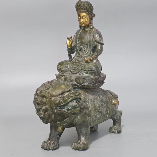 19thc Large Chinese Bronze Guanyin On A Dog Of Fo 33cm High