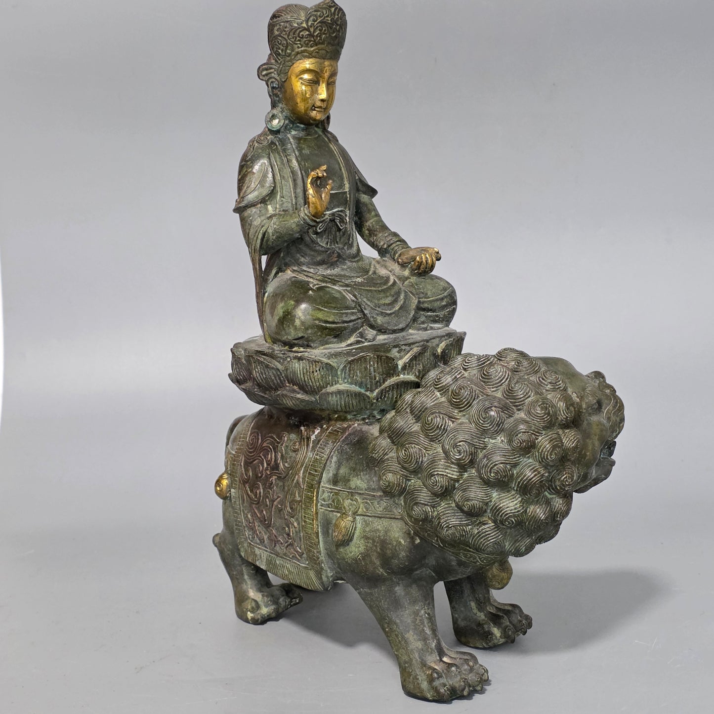 19thc Large Chinese Bronze Guanyin On A Dog Of Fo 33cm High