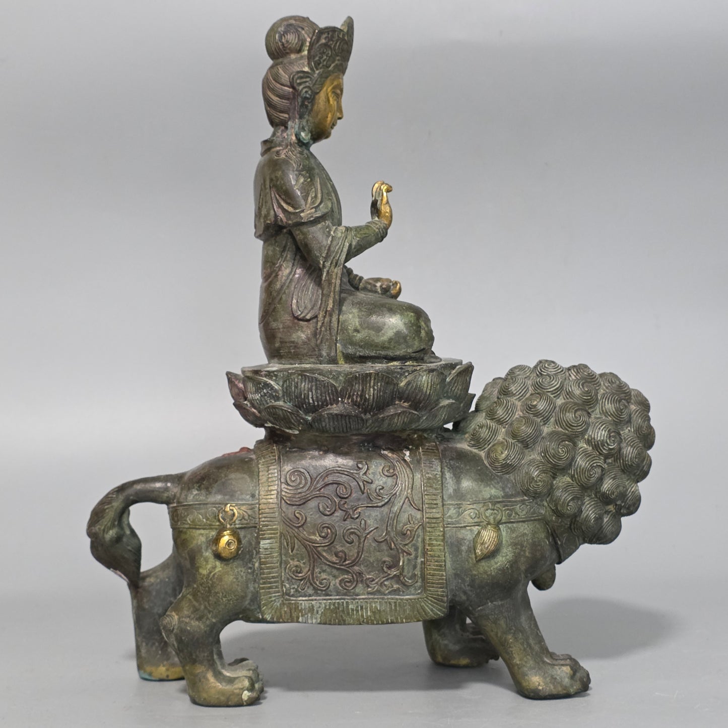 19thc Large Chinese Bronze Guanyin On A Dog Of Fo 33cm High