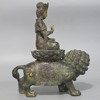 19thc Large Chinese Bronze Guanyin On A Dog Of Fo 33cm High