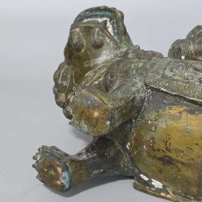 19thc Large Chinese Bronze Guanyin On A Dog Of Fo 33cm High