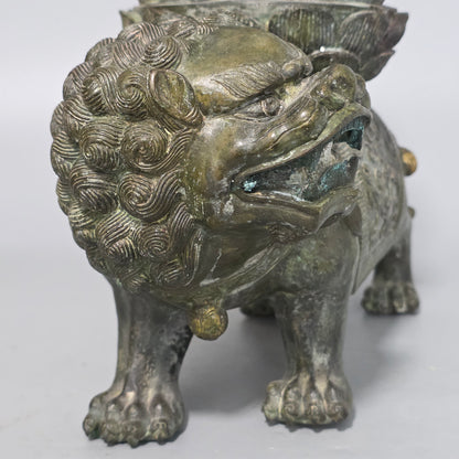 19thc Large Chinese Bronze Guanyin On A Dog Of Fo 33cm High