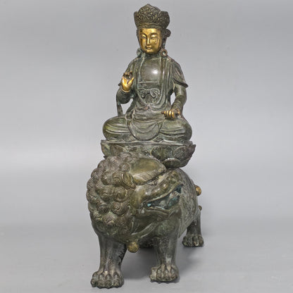 19thc Large Chinese Bronze Guanyin On A Dog Of Fo 33cm High