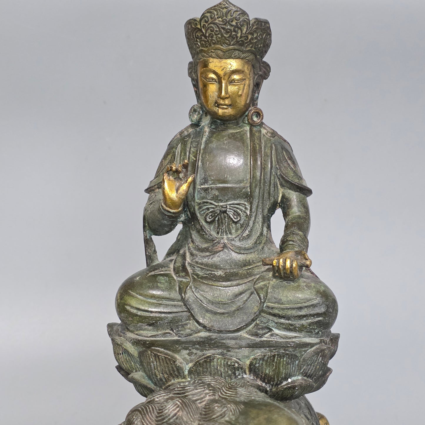 19thc Large Chinese Bronze Guanyin On A Dog Of Fo 33cm High