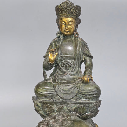 19thc Large Chinese Bronze Guanyin On A Dog Of Fo 33cm High