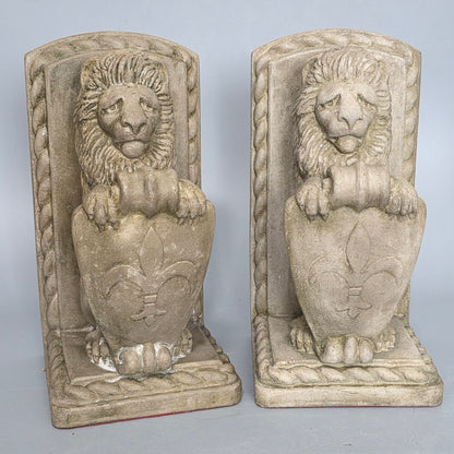 Fine Vintage Pair Of Cast Stone Fleur De Lis Lion Shield Bookends C1940s