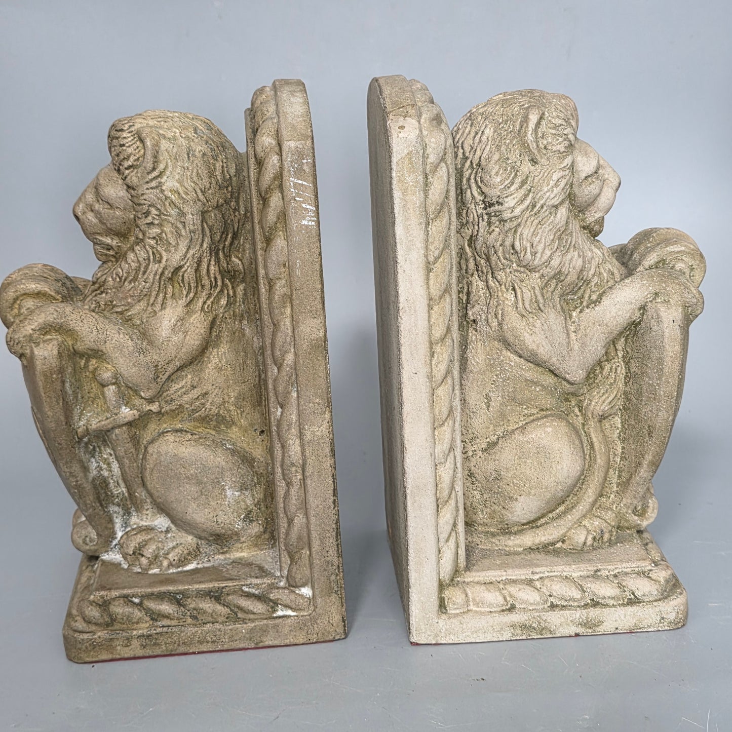 Fine Vintage Pair Of Cast Stone Fleur De Lis Lion Shield Bookends C1940s