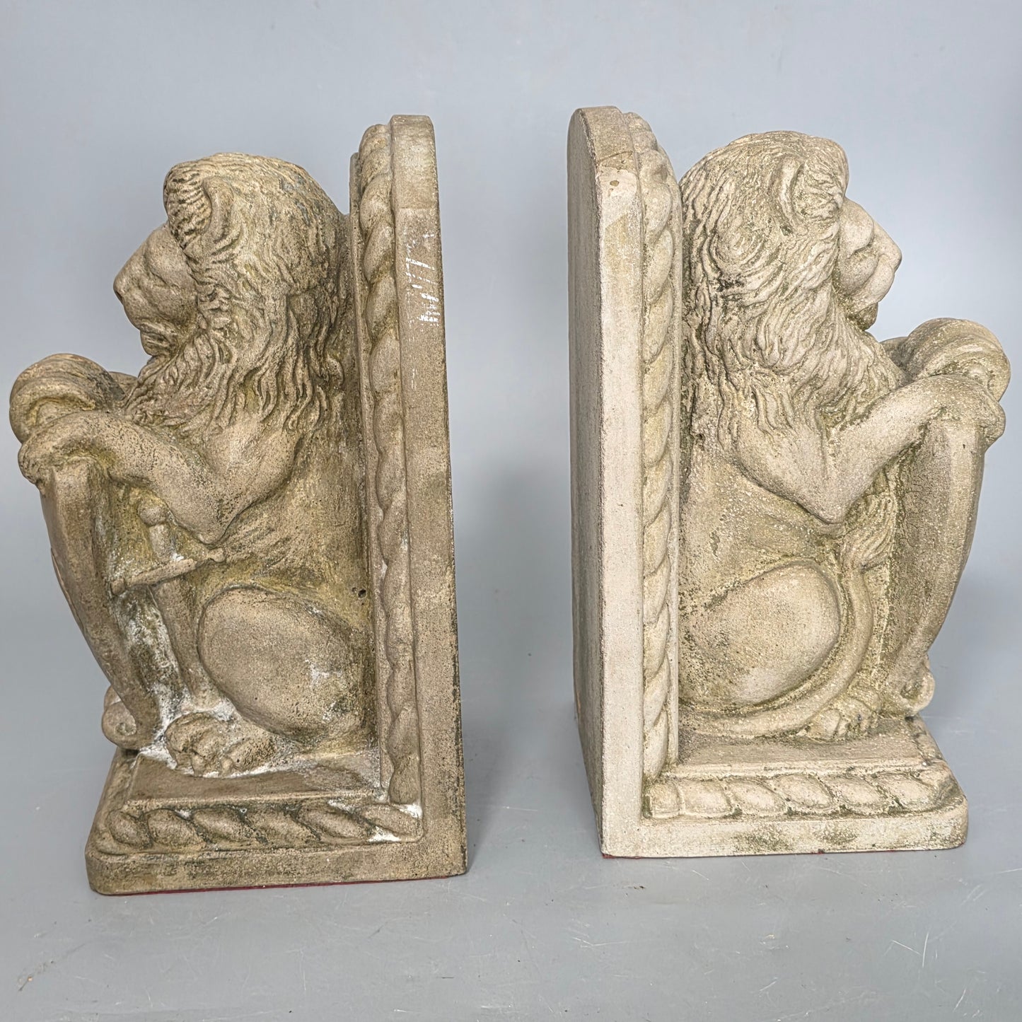 Fine Vintage Pair Of Cast Stone Fleur De Lis Lion Shield Bookends C1940s