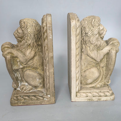 Fine Vintage Pair Of Cast Stone Fleur De Lis Lion Shield Bookends C1940s
