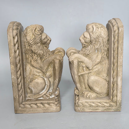 Fine Vintage Pair Of Cast Stone Fleur De Lis Lion Shield Bookends C1940s