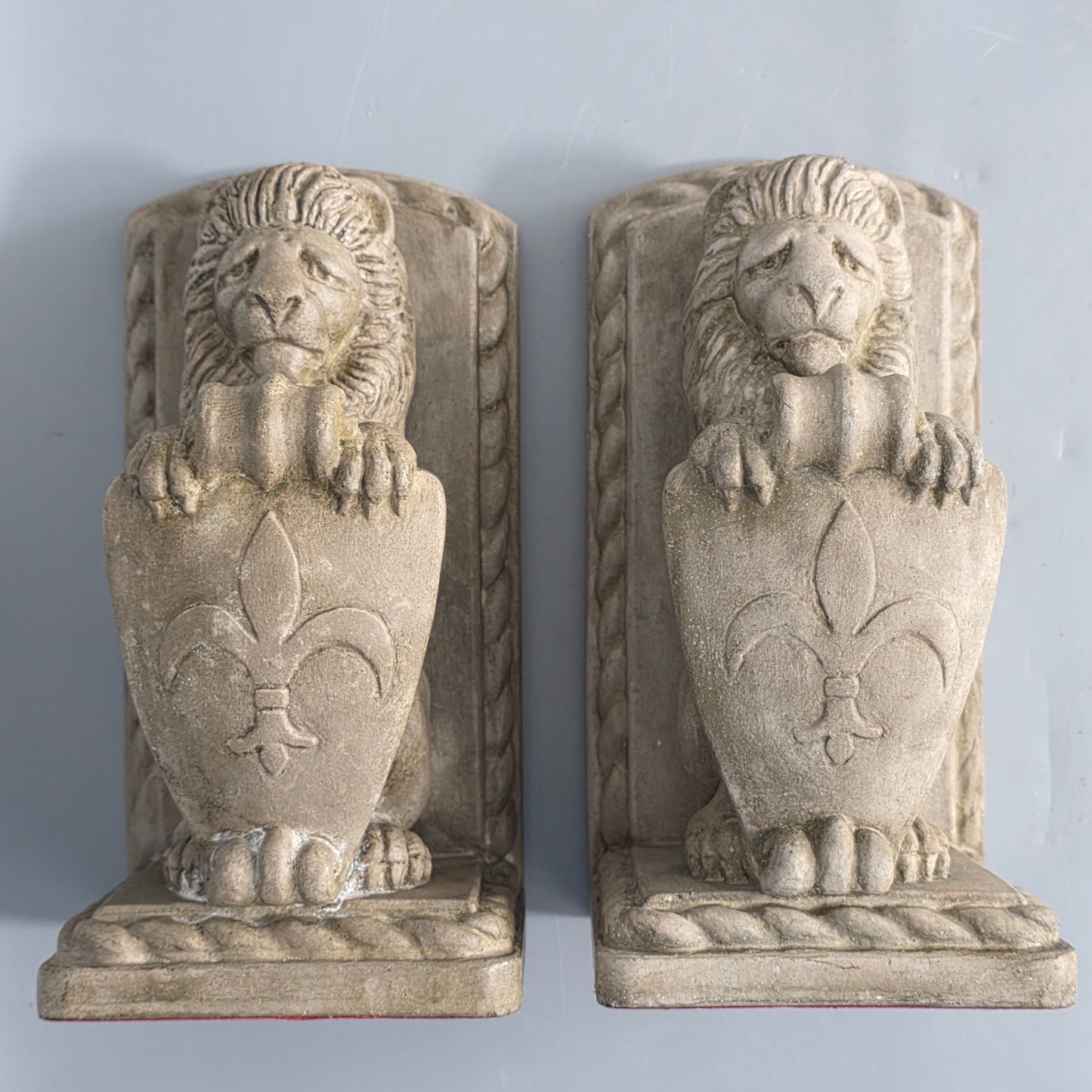 Fine Vintage Pair Of Cast Stone Fleur De Lis Lion Shield Bookends C1940s