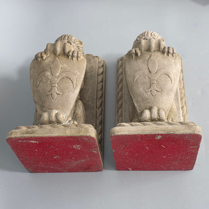 Fine Vintage Pair Of Cast Stone Fleur De Lis Lion Shield Bookends C1940s