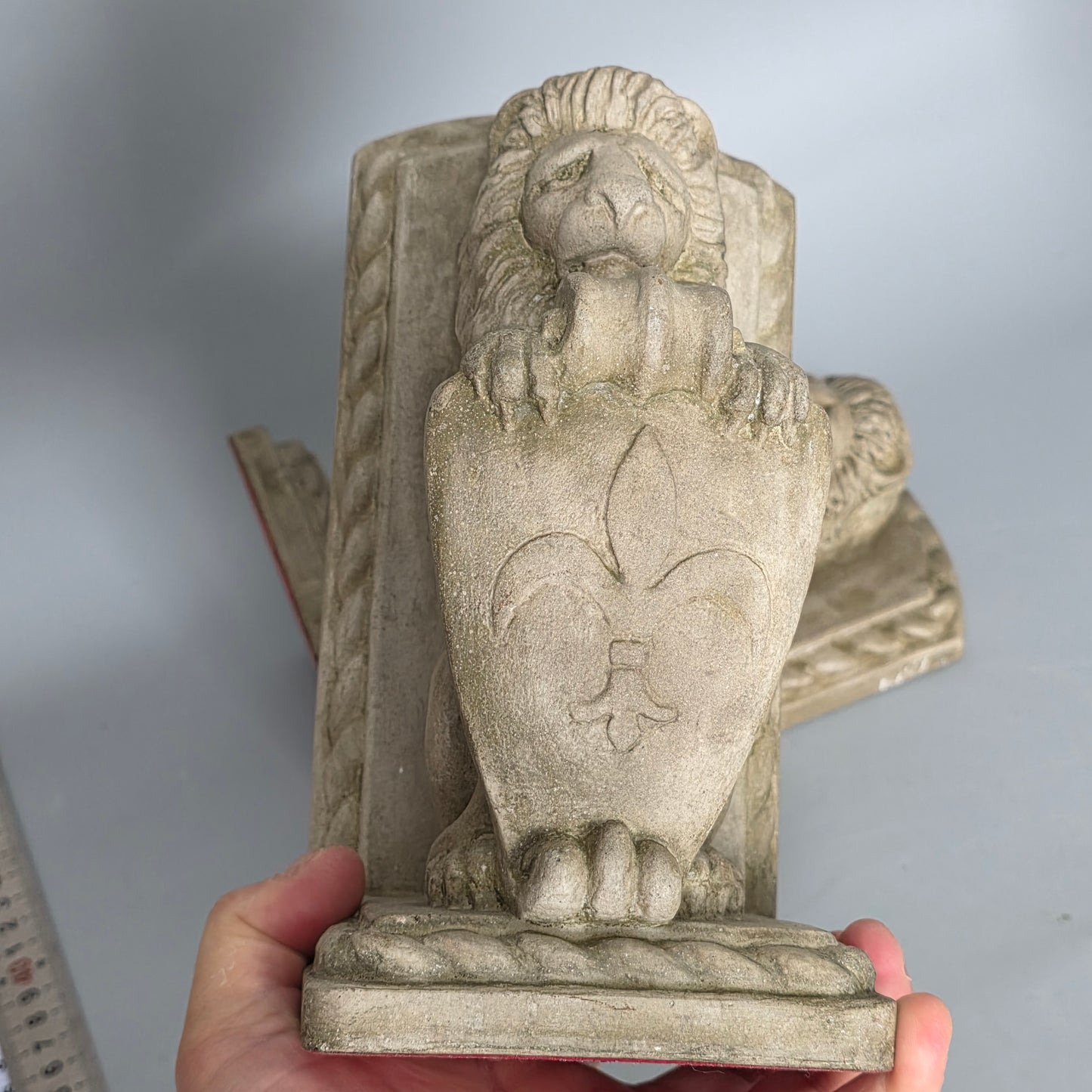 Fine Vintage Pair Of Cast Stone Fleur De Lis Lion Shield Bookends C1940s