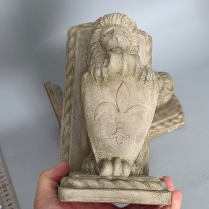 Fine Vintage Pair Of Cast Stone Fleur De Lis Lion Shield Bookends C1940s