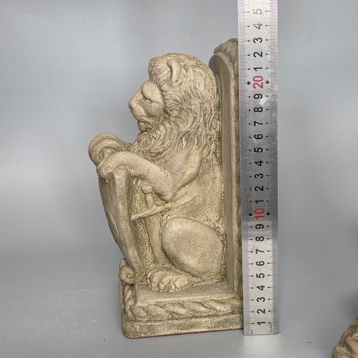 Fine Vintage Pair Of Cast Stone Fleur De Lis Lion Shield Bookends C1940s