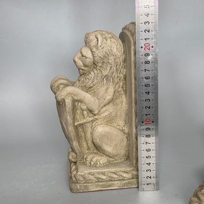 Fine Vintage Pair Of Cast Stone Fleur De Lis Lion Shield Bookends C1940s