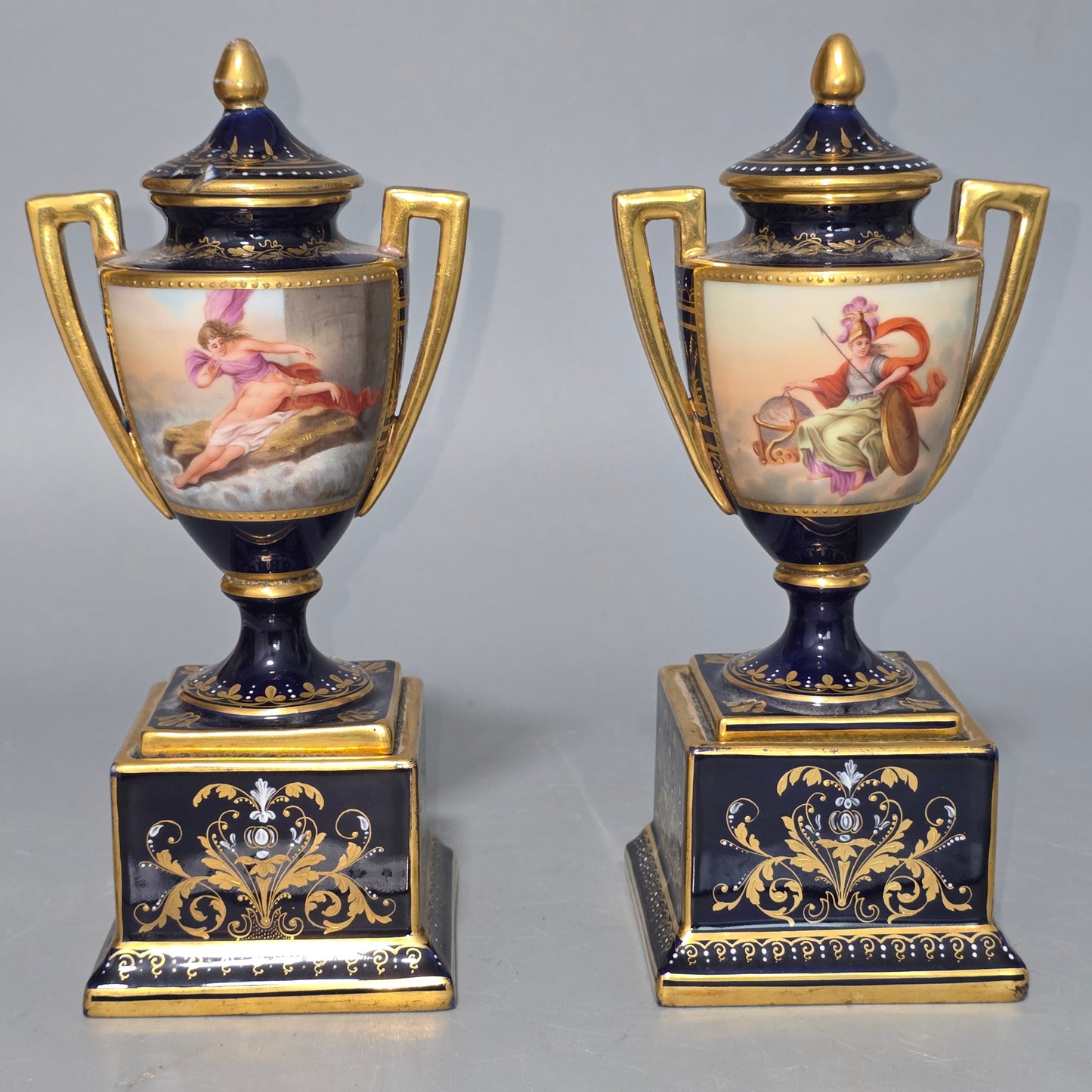 Exceptional Pair Of Antique Vienna Porcelain Empire Amphora Vases & Covers – Signed F. Koller